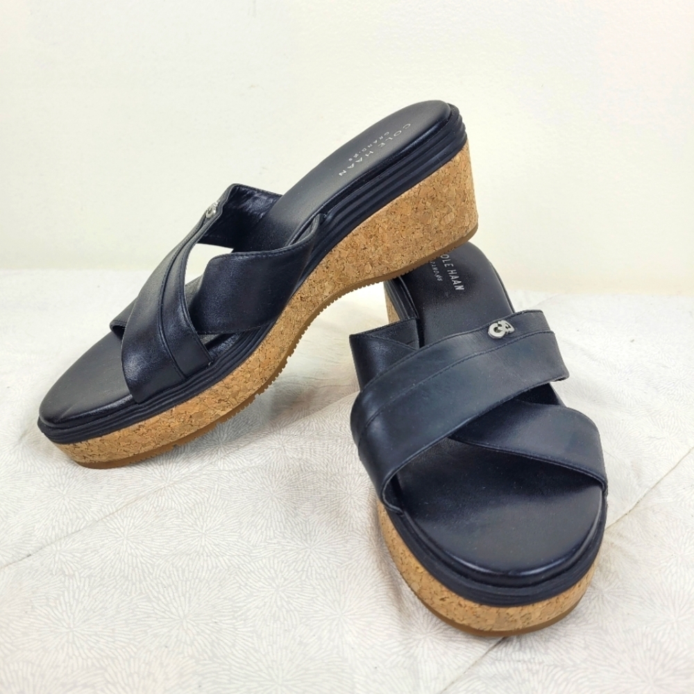 Cole Haan black leather cross design wedge sandals cork platform heel minimal 6 - Picture 4 of 12